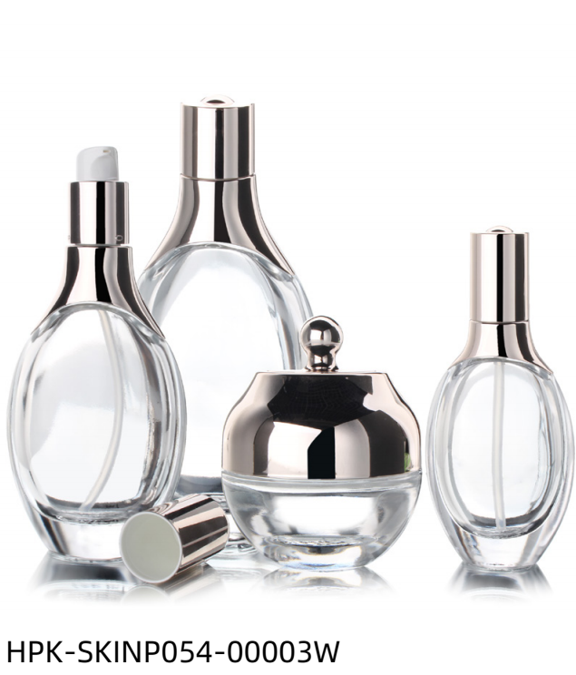 Thick Base Oval Glass Lotion Bottle & Cream Jar with Metalized Cap and Shoulder